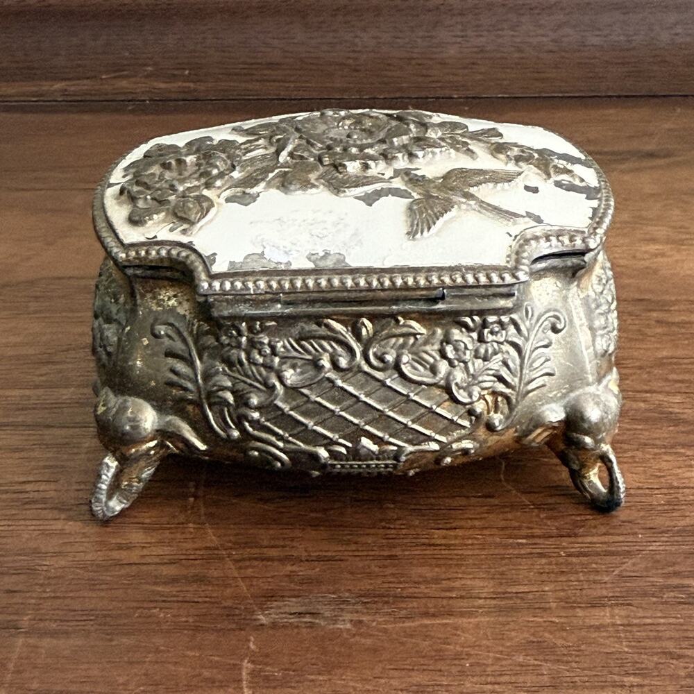 Silvertone Cast Metal Footed Jewelry Trinket Box Japan Vintage Hinged Red Velour